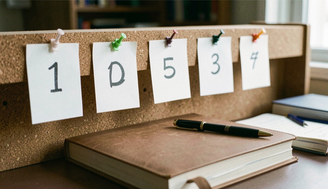 Five numbered index cards pinned along a cork rail above tidy ledger book and pen