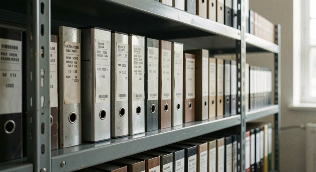 Labeled metal hard drives standing in disciplined rows along steel archive shelf soft glow