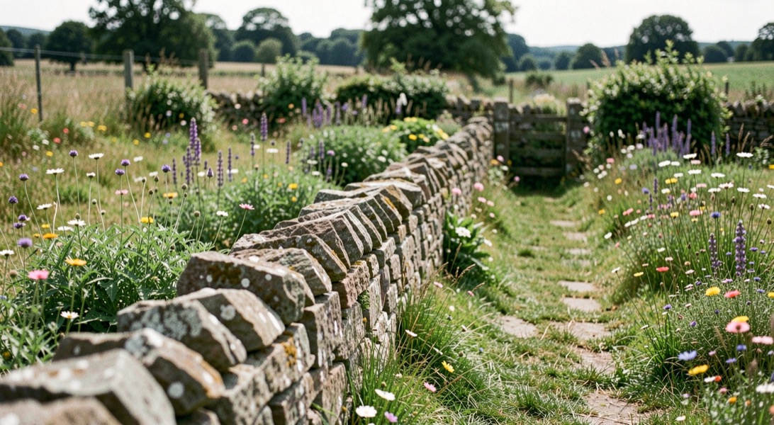 Low dry-stone wall dividing a garden path from wildflowers in clear country daylight
