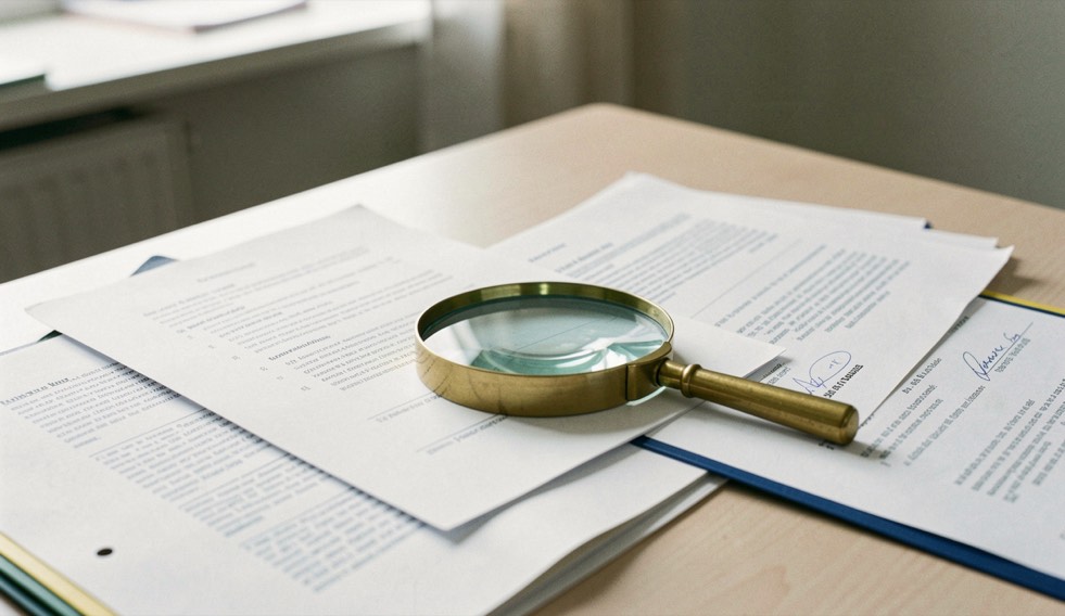 Brass magnifying glass resting over scattered document folders on a clean writing desk