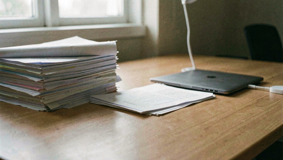Stacks of paper creeping across a tidy desk toward a closed laptop, lit by soft morning light