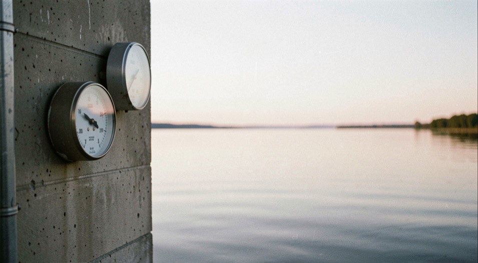 Reservoir gauge wall mounted near calm waterfront reflecting pale dawn gradient across horizon