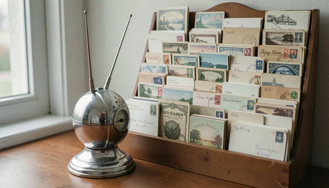 Vintage chrome antenna receiver beside postcard rack holding sorted correspondence cards neatly